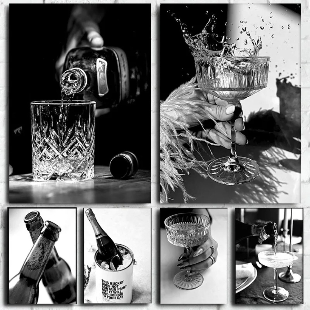 Whisky Beer And Wine - ملصق عالي الوضوح بالأبيض والأسود ،